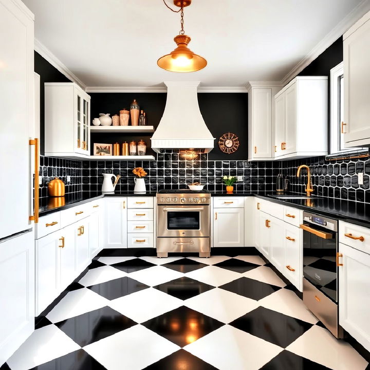 retro inspired black and white checkered kitchen floor with gold accents