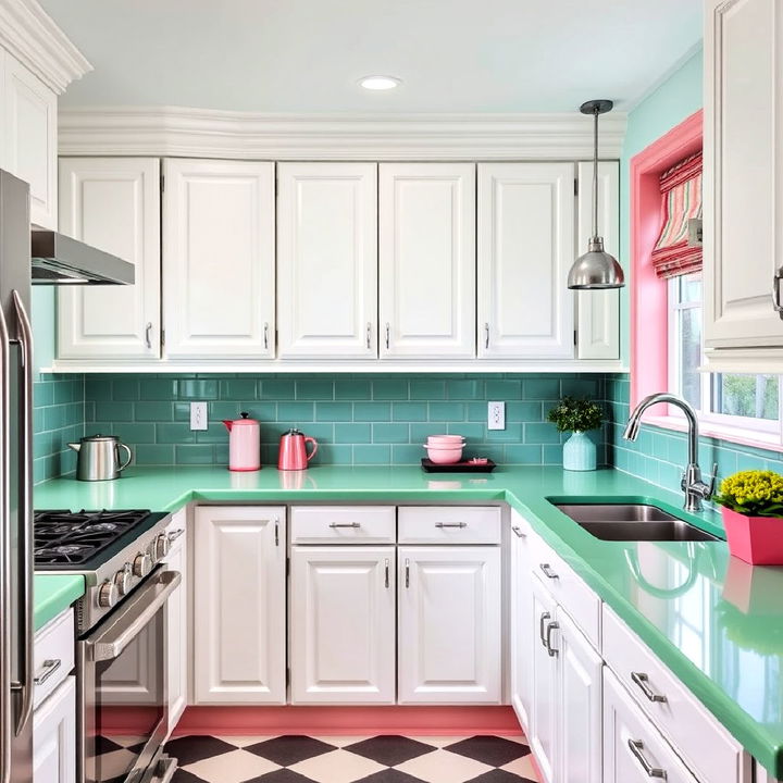 retro vibes with mint green kitchen counters