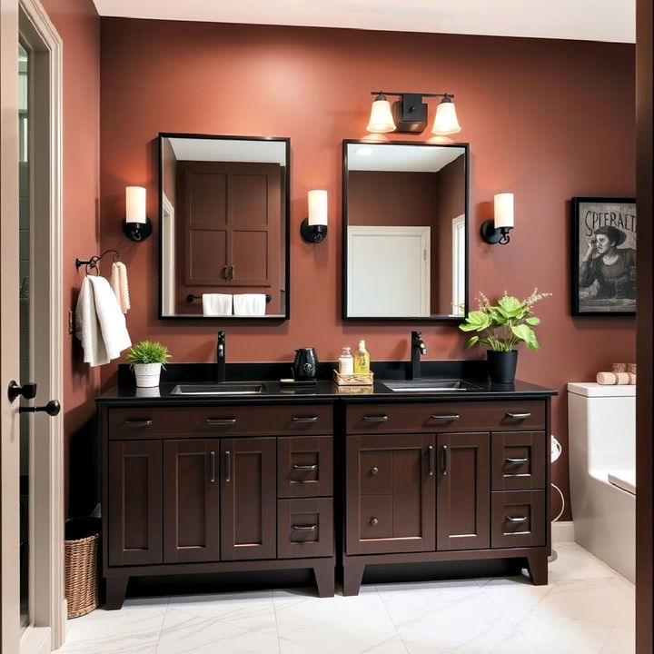 rich brown bathroom cabinetry with subtle black accents