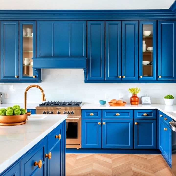 rich marine blue cabinets with artistic gold twist knobs