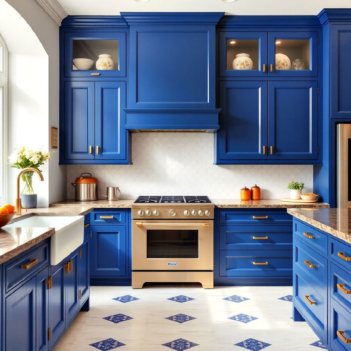 rich royal blue cabinets with vintage gold pulls