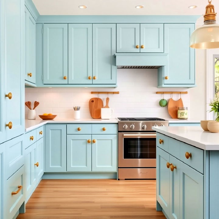 robin’s egg blue cabinets with simple gold knobs