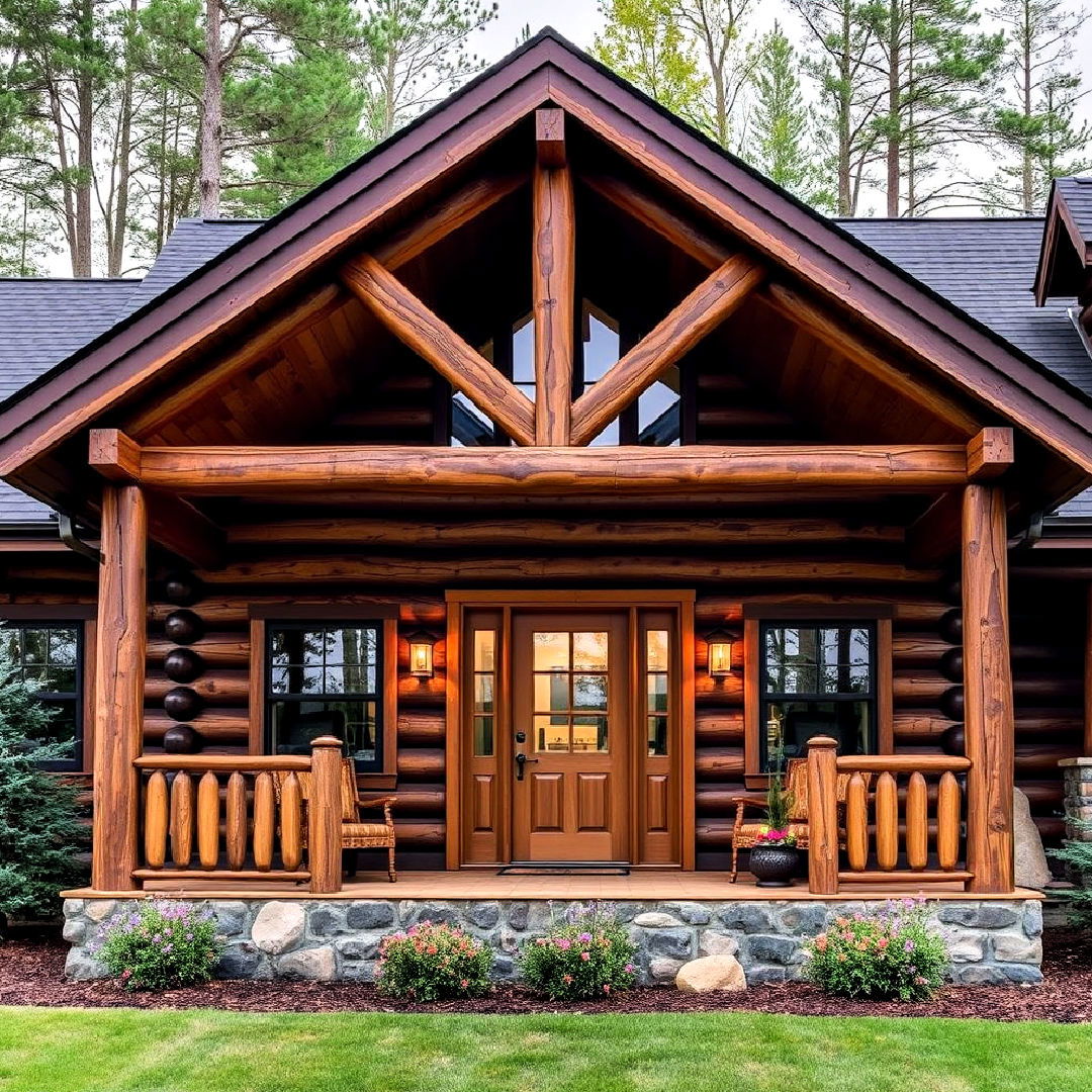 rustic and cozy log cabin open gable porch