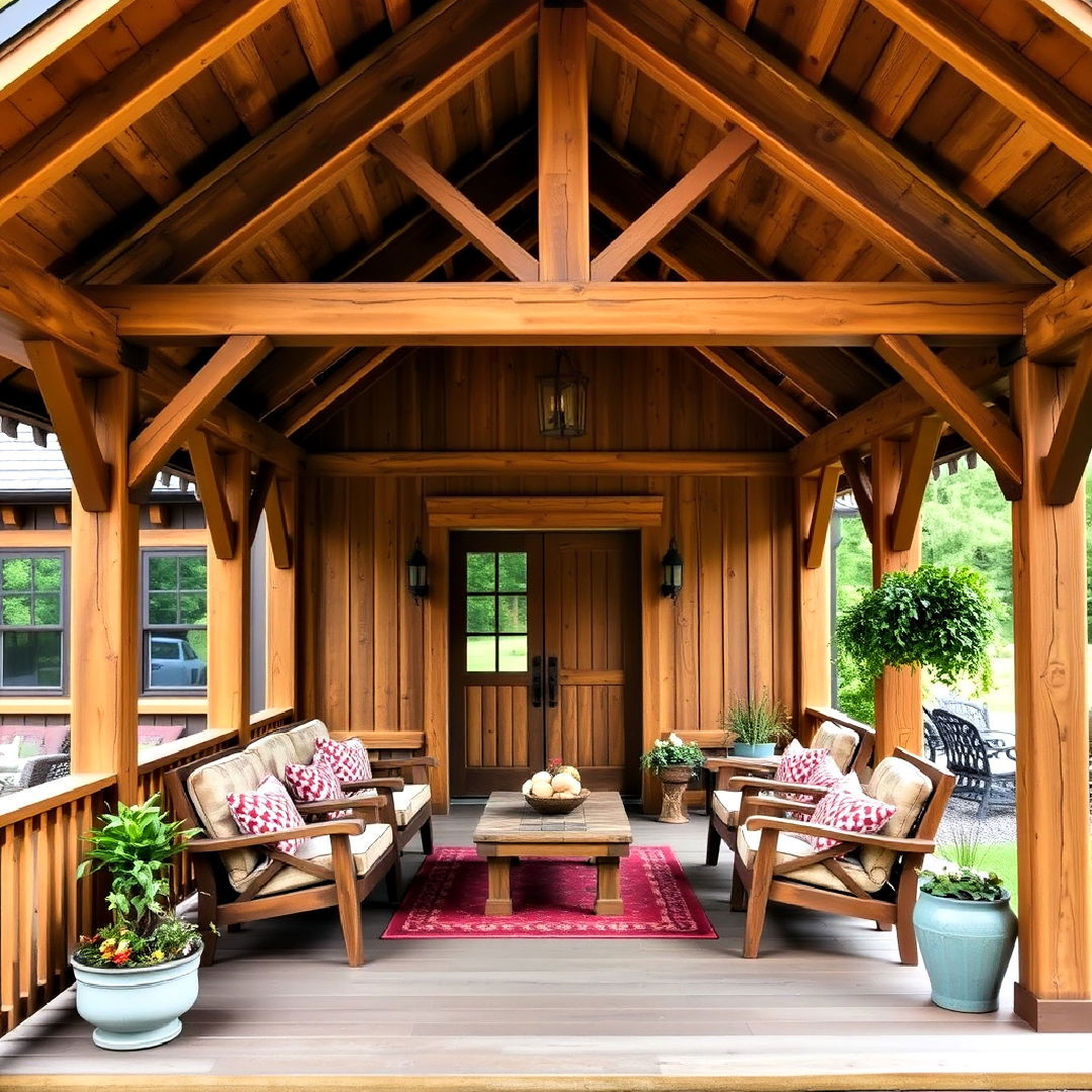 rustic and cozy wooden open gable porch