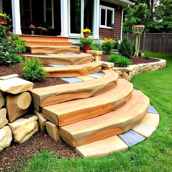 rustic and earthy natural log patio steps