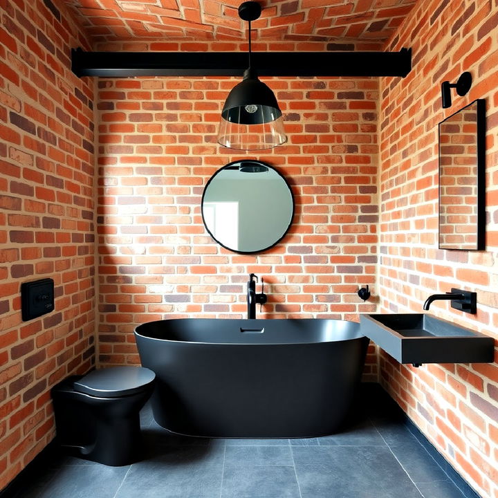 rustic brick bathroom walls with contemporary black finishes