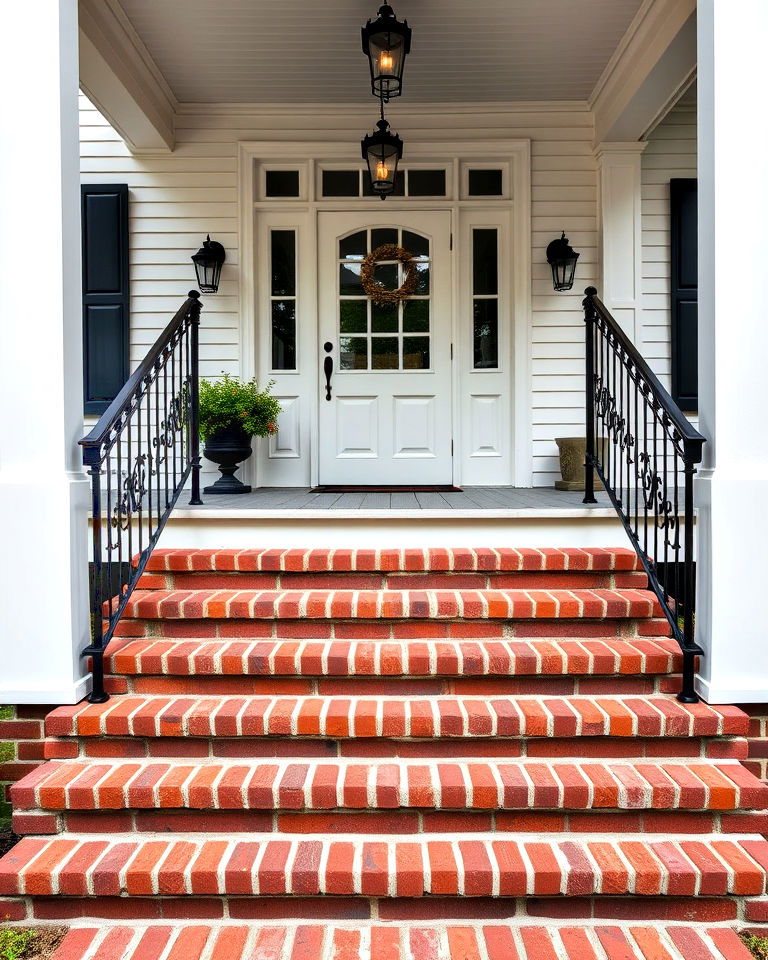 rustic brick steps with iron railings