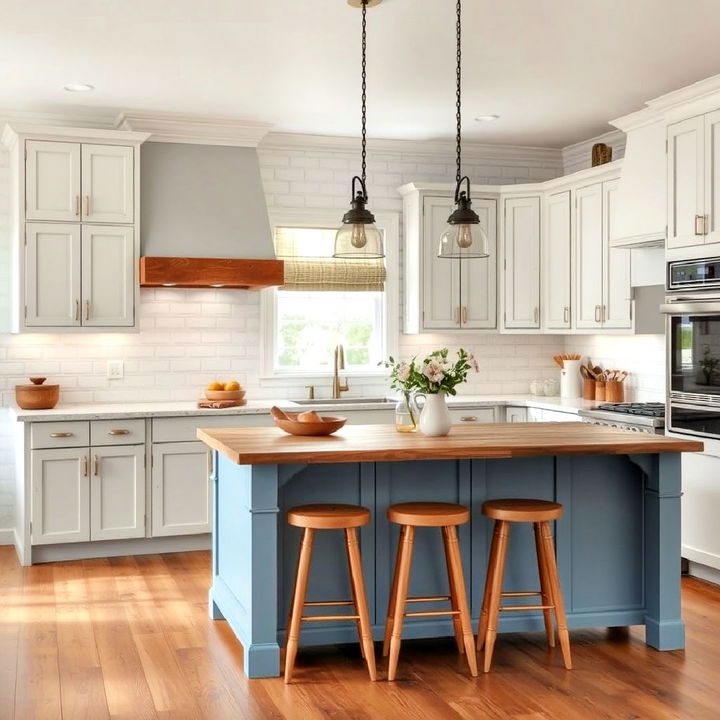 rustic charm kitchen with white cabinets and muted blue island