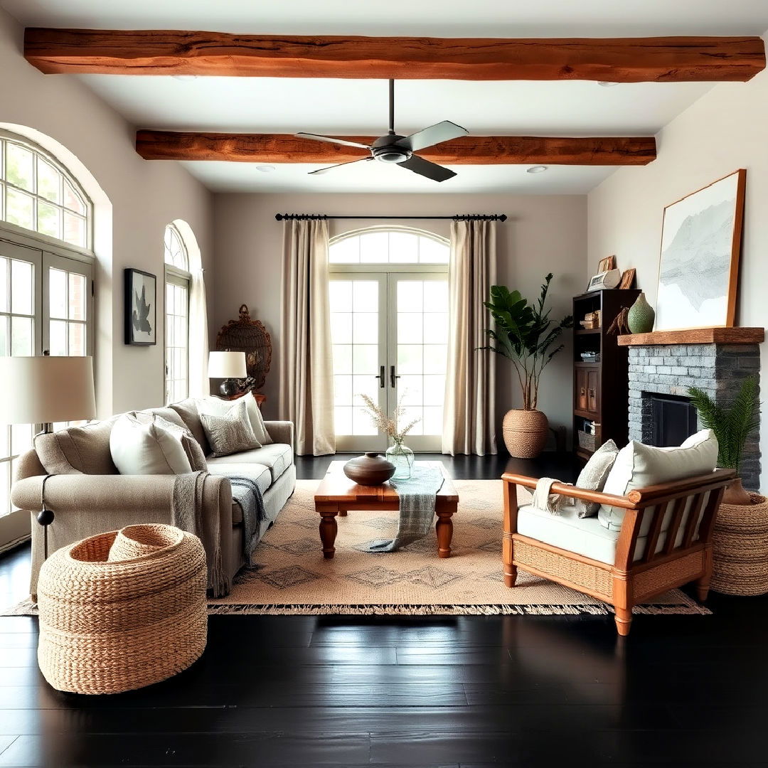 rustic charm living room with black floor