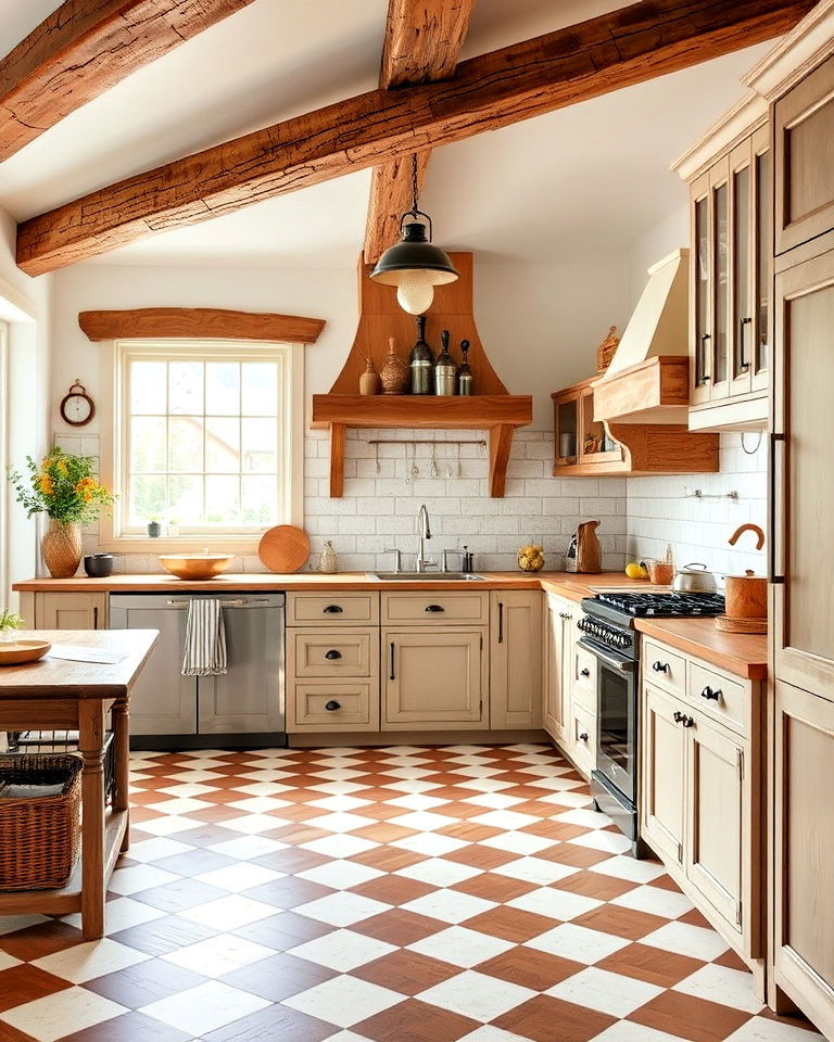 rustic country style kitchen with checkered floor