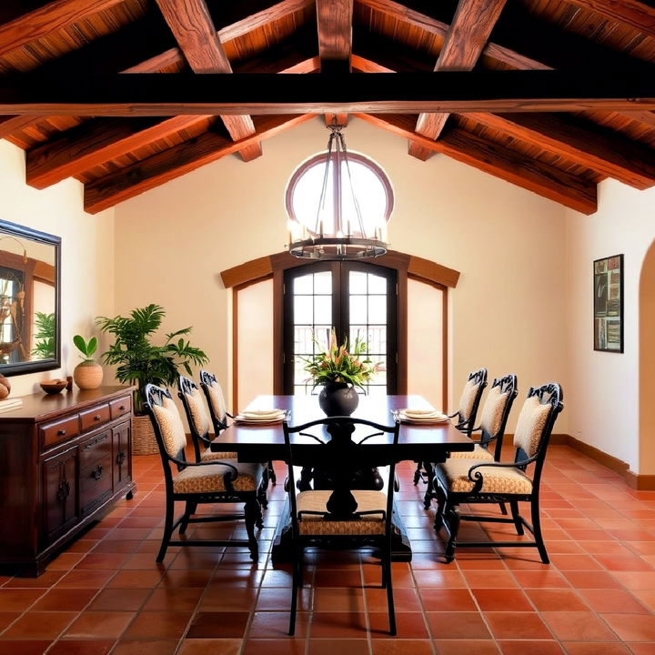 rustic exposed beams for a spanish style dining room