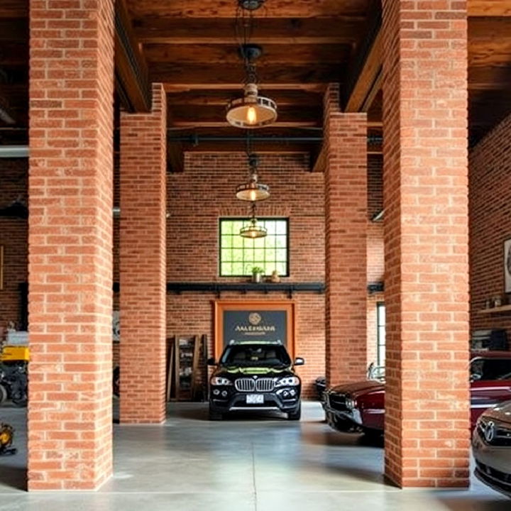 rustic garage with exposed brick columns