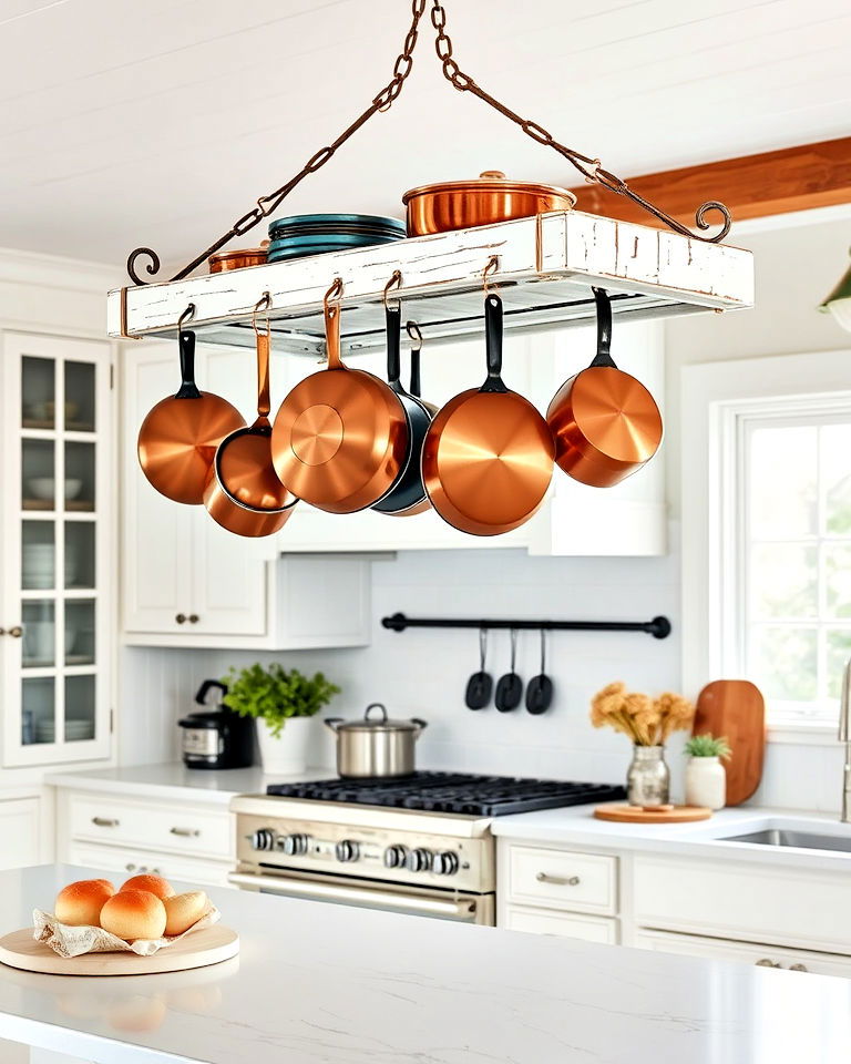 rustic kitchen weathered white pot rack