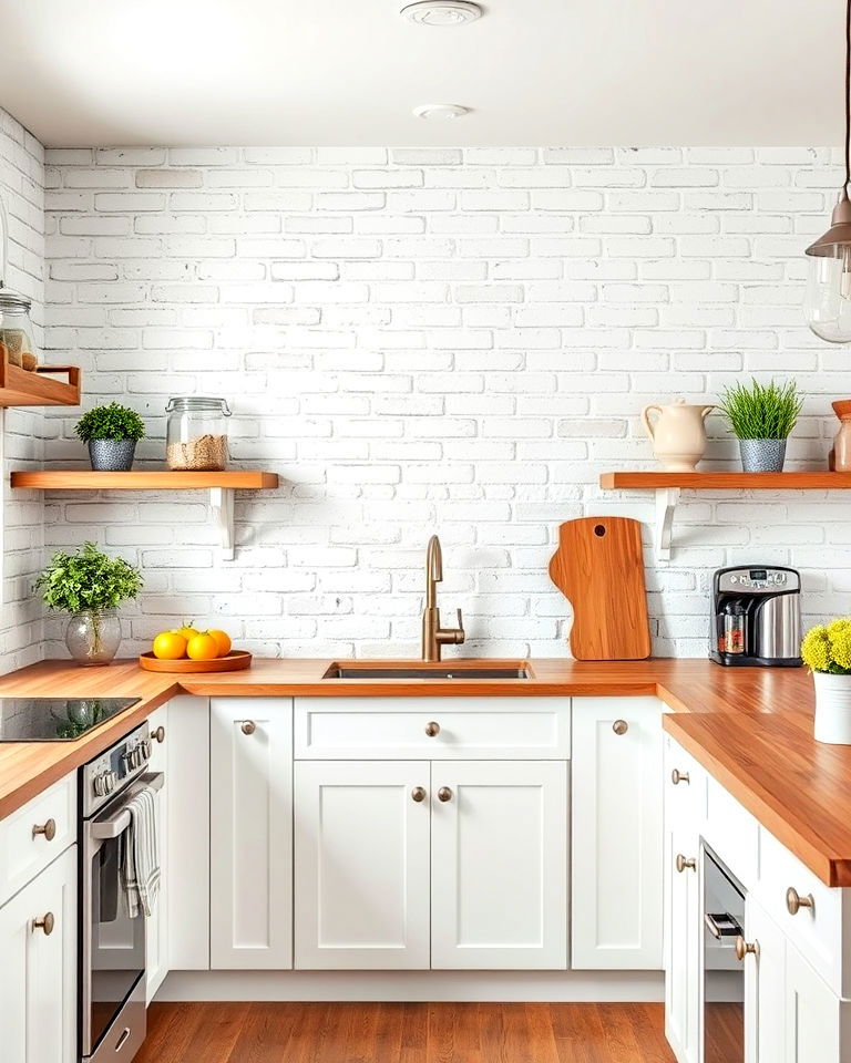 rustic kitchen whitewashed brick backsplash