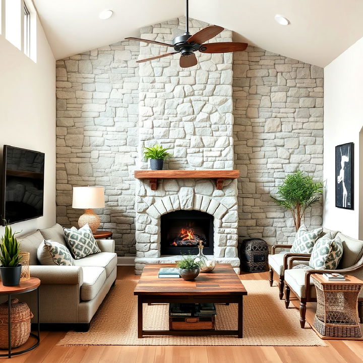 rustic living room stone accent wall