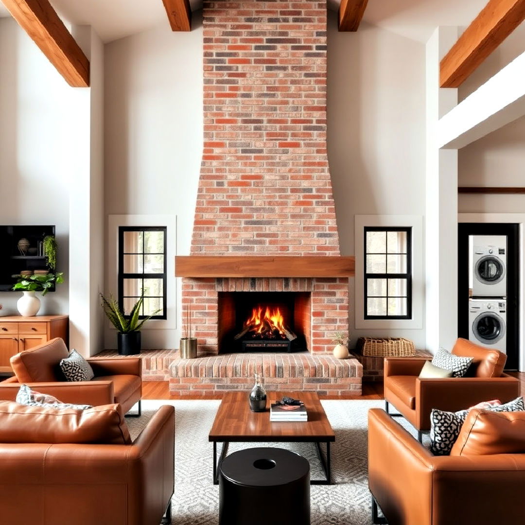 rustic living room with sleek brick fireplace