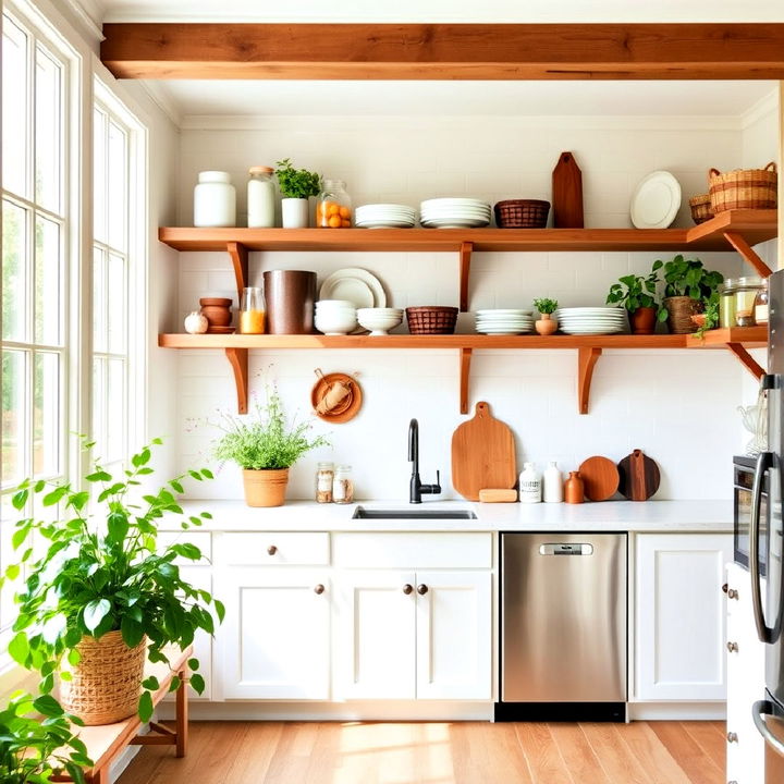 rustic open shelving with white kitchen cabinets