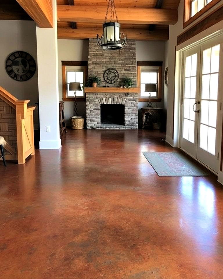 rustic stained concrete floor for cabin style homes