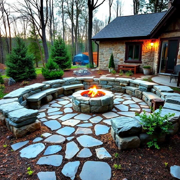 rustic stone patio with central fire pit