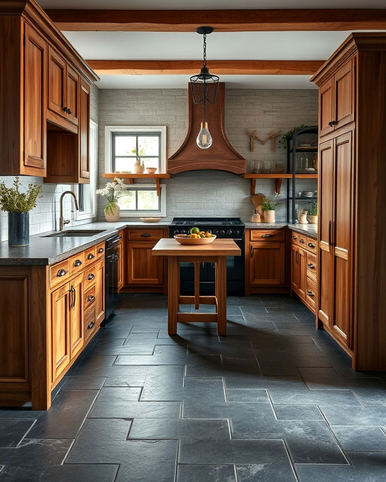 rustic warmth kitchen with dark slate floor