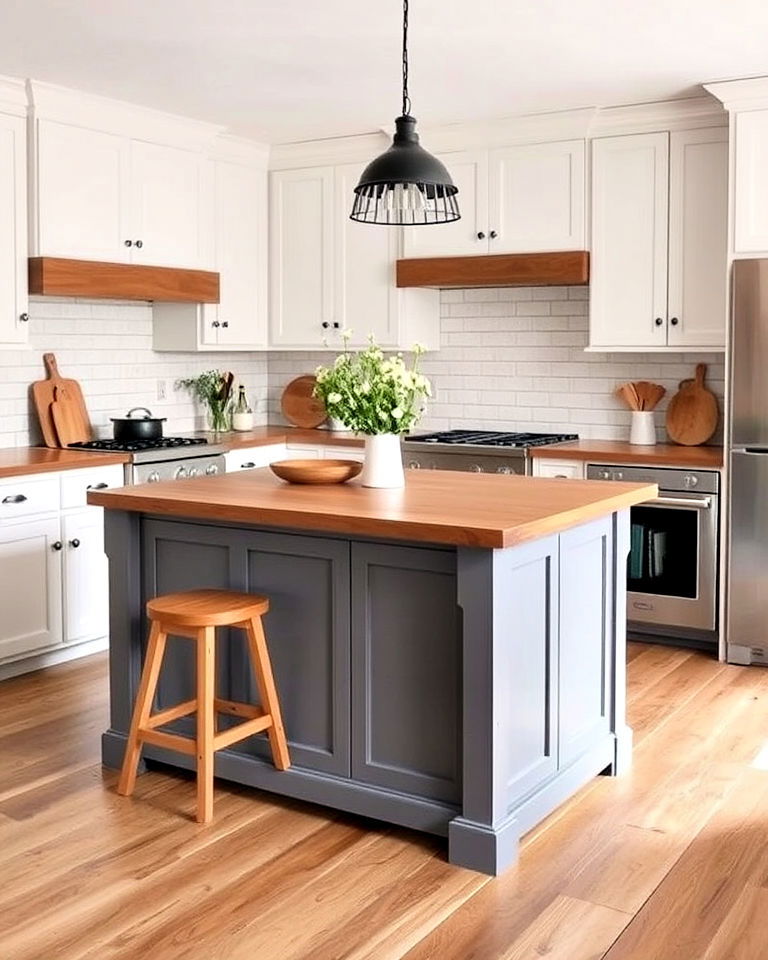 rustic white cabinets with grey island and wooden countertop