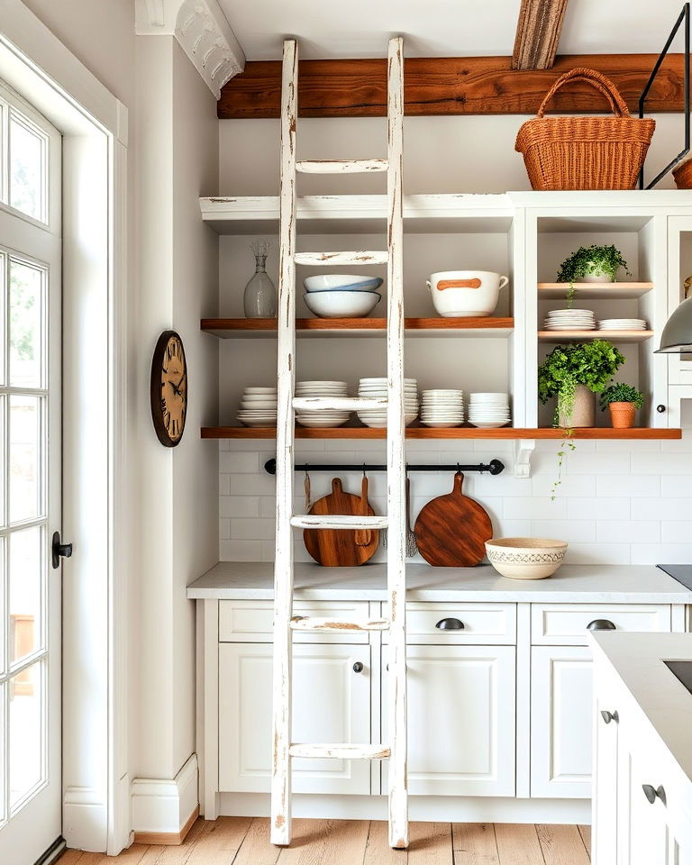 rustic white ladder for open shelving access