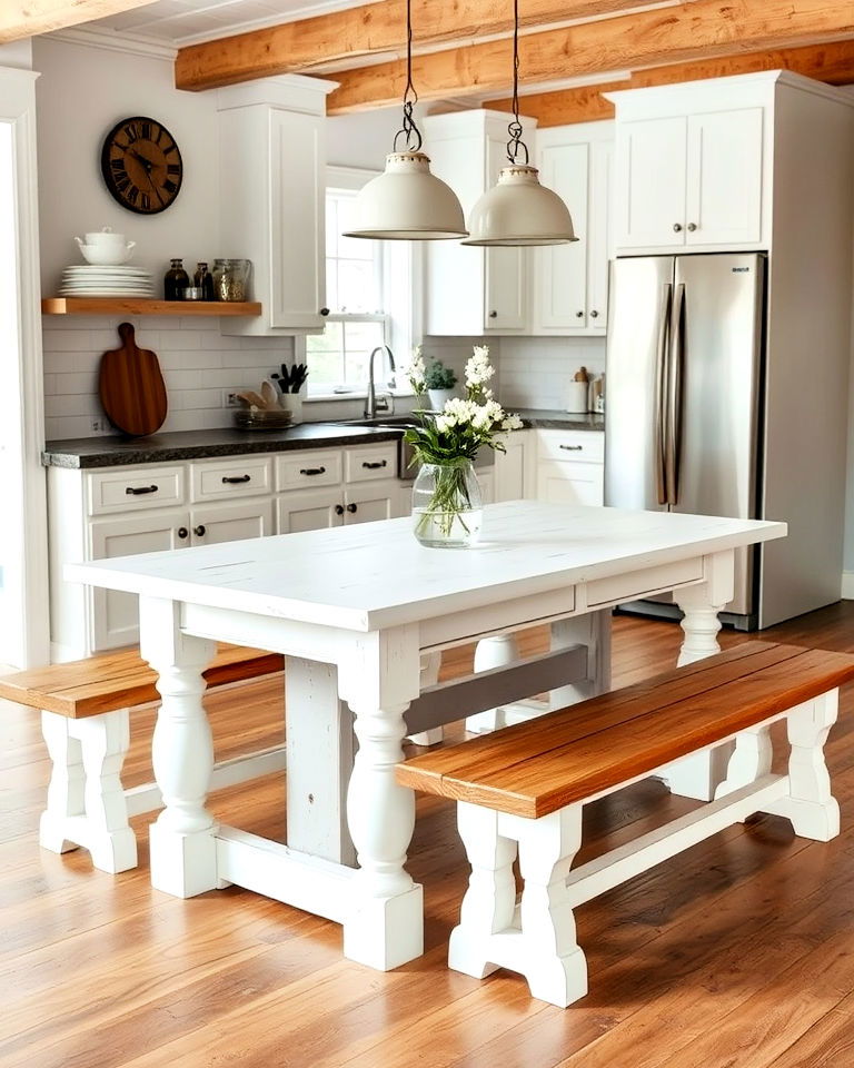 rustic white table with wooden benches idea