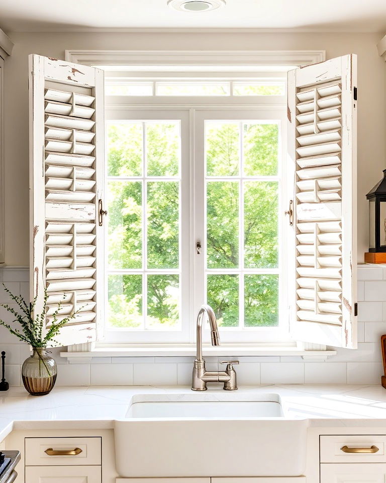 rustic white window shutters for kitchen