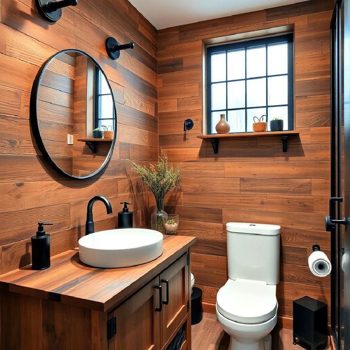 rustic wood combined with industrial style black fixtures in the bathroom