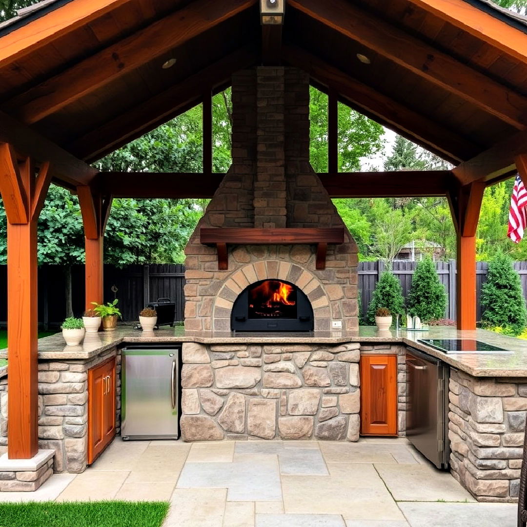 rustic wood fired pizza oven under a gazebo