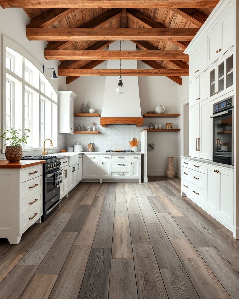 rustic wood floor kitchen with exposed beams