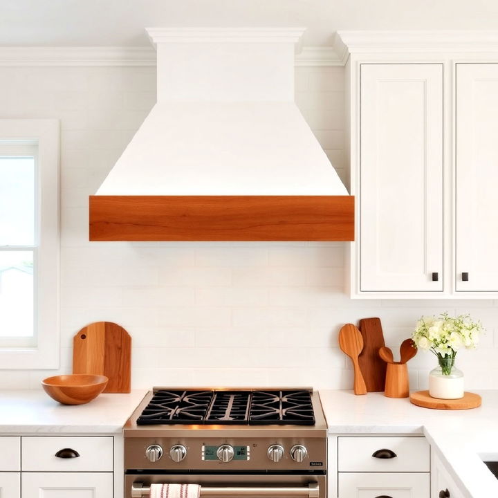 rustic wood range hood in a farmhouse white kitchen