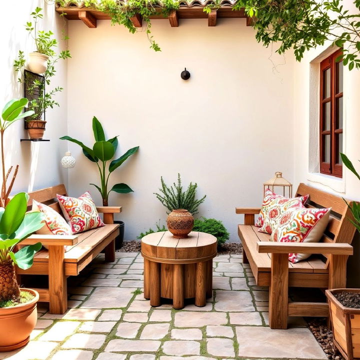 rustic wooden benches for comfortable courtyard seating