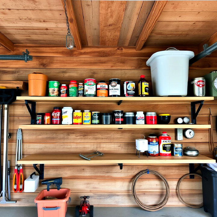 rustic yet functional weathered wood garage shelves