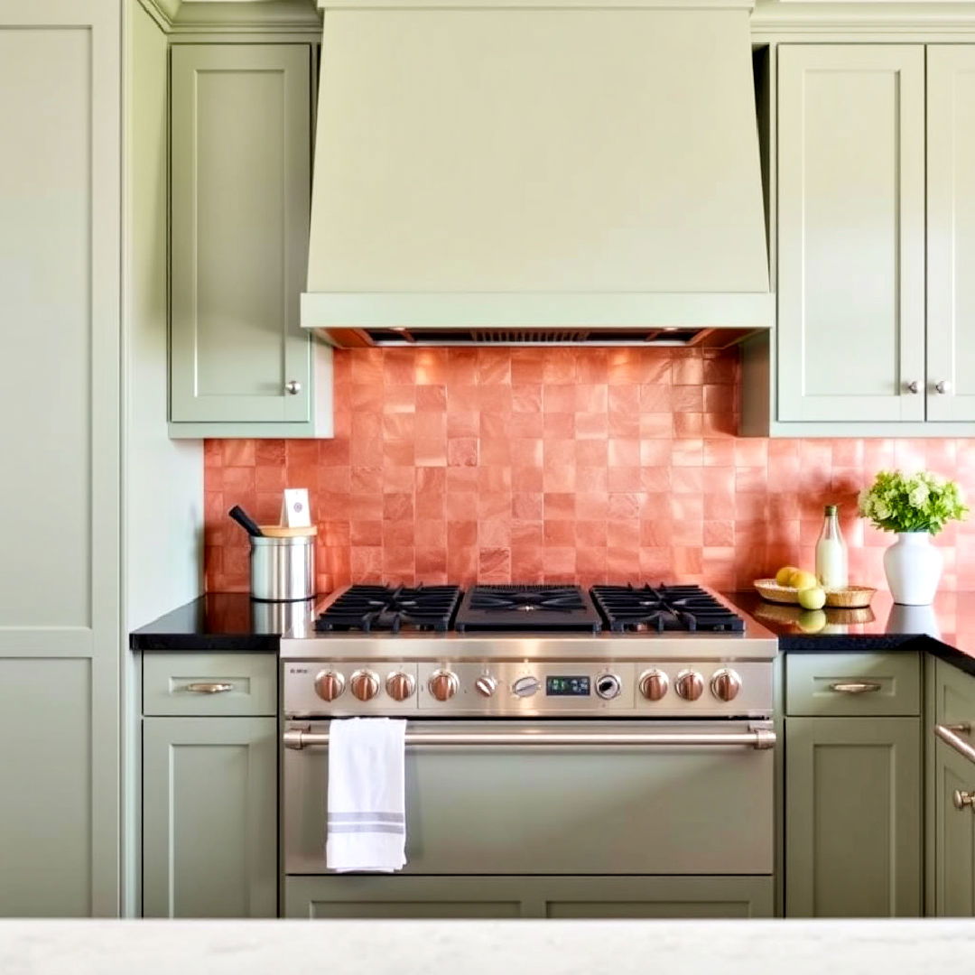 sage green cabinets with a stylish copper backsplash