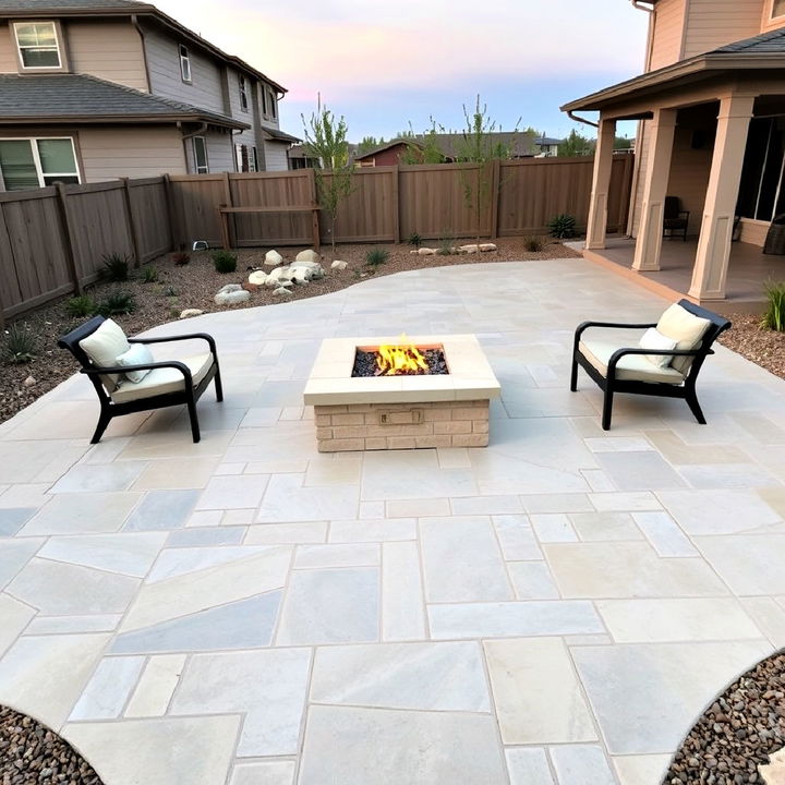 sandstone stamped concrete patio with rectangular fire pit