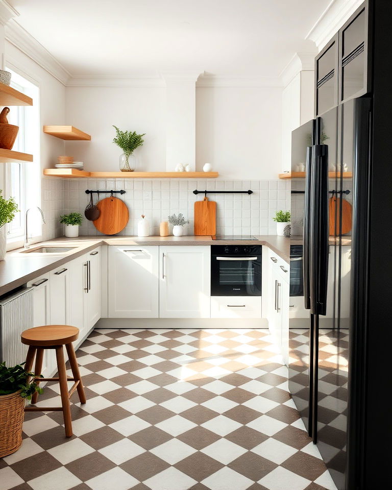 scandinavian inspired kitchen with checkered floor