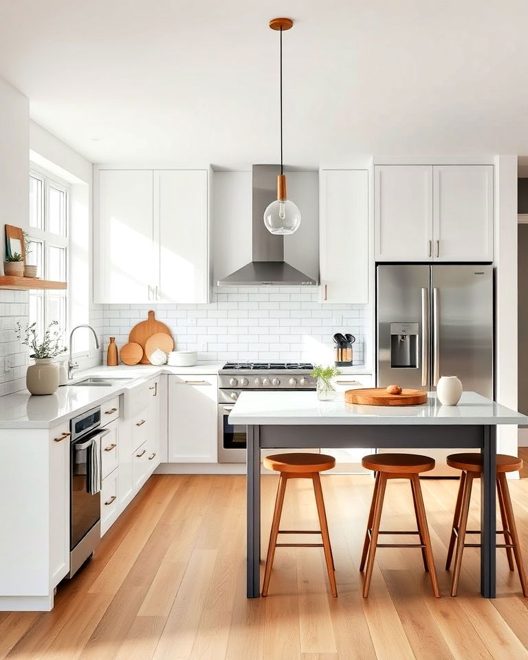 scandinavian inspired white kitchen with stainless steel