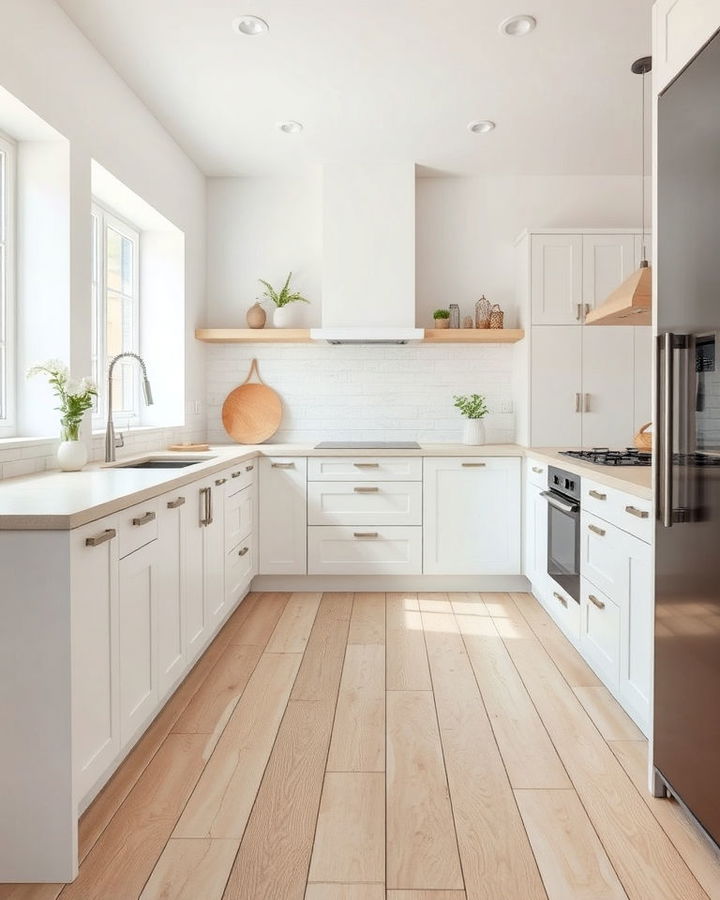 scandinavian inspired whitewashed wood kitchen floor