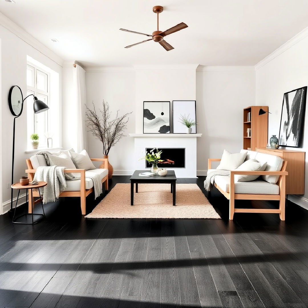 scandinavian minimalism living room with black floor