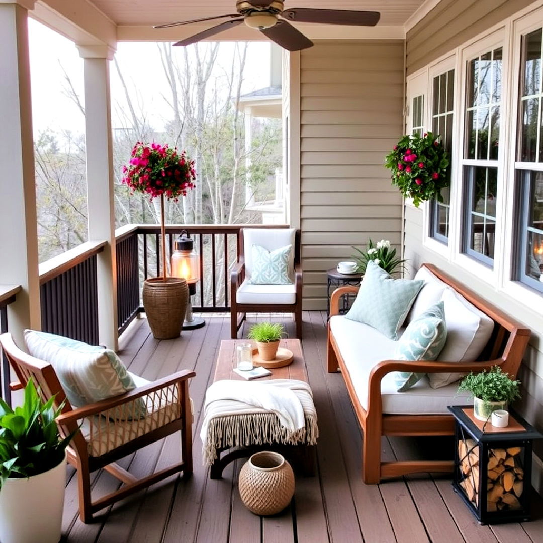second floor deck with seasonal decor updates