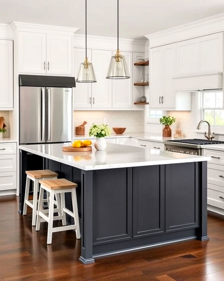 shaker white cabinets with dark grey island