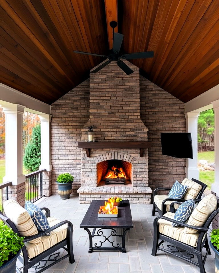 shed porch roof with a cozy fireplace