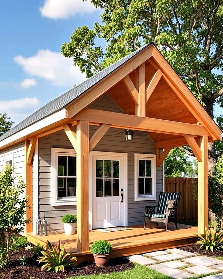 shed porch roof with rustic timber frame