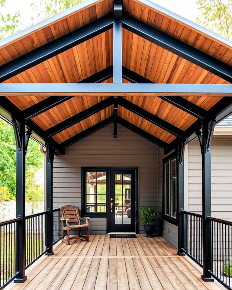 shed porch roof with sleek metal support beams