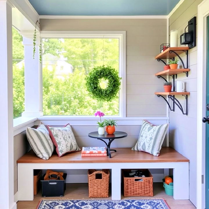 side porch with a bench and wall mounted shelving