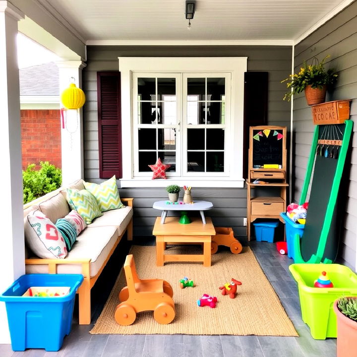 side porch with a fun kid friendly play area