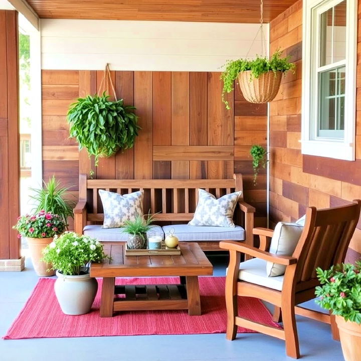 side porch wooden furniture to bring the warmth