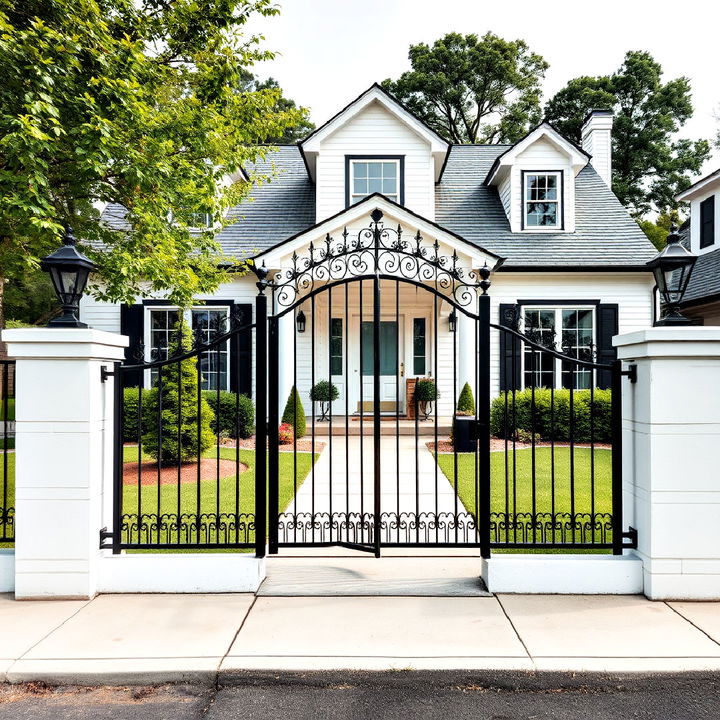 single story house black iron gate and fencing