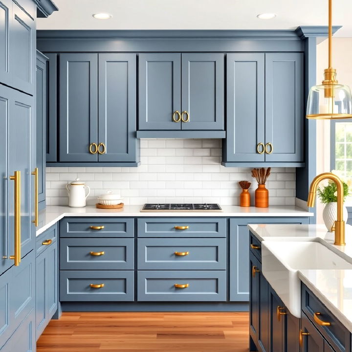 slate blue cabinets enhanced by gold ring pulls